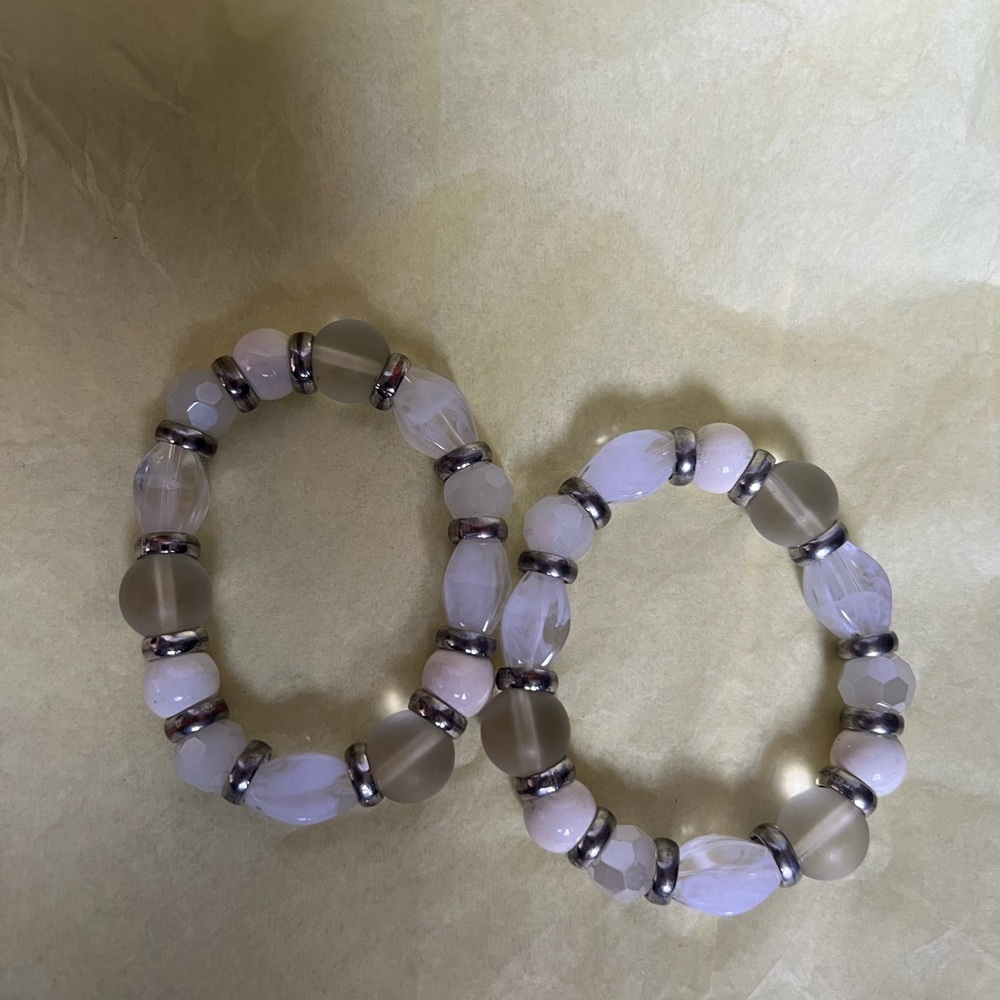Lavender & Cream Beaded Stretch Bracelet Set - Unbranded